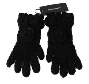 Black 100% Cashmere Knitted Floral Warm Gloves