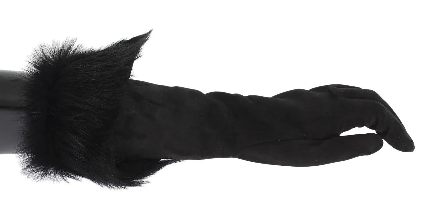 Black Gray Leather Fur Elbow Gloves