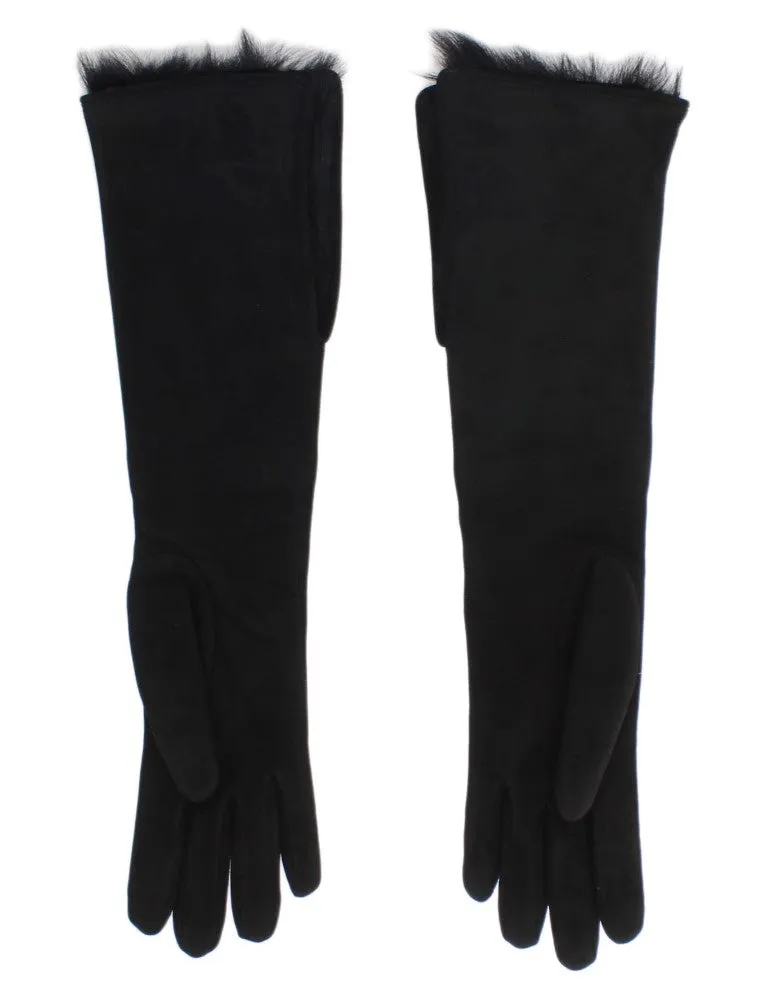 Black Gray Leather Fur Elbow Gloves