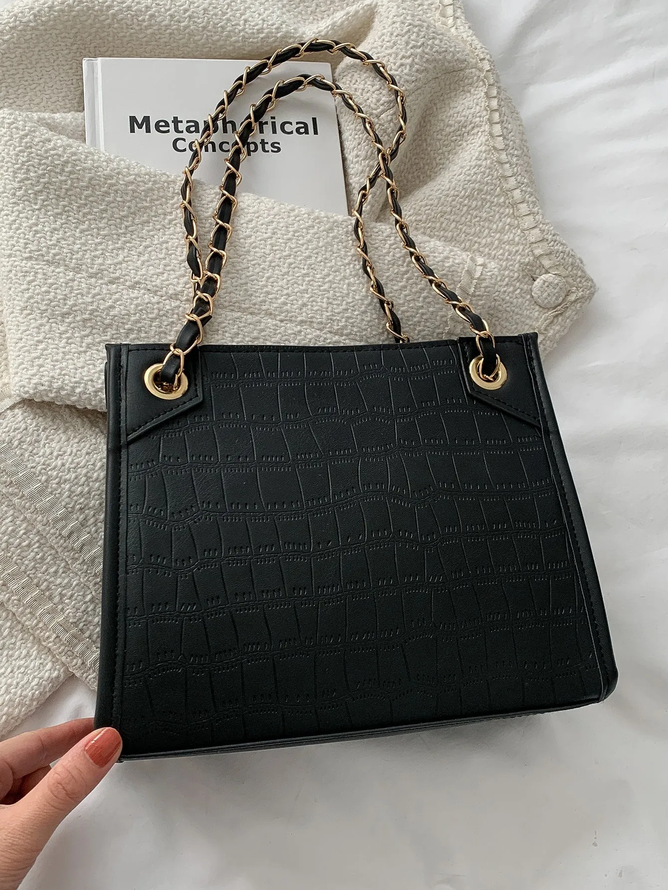 Crocodile Embossed Chain Square Bag - Black