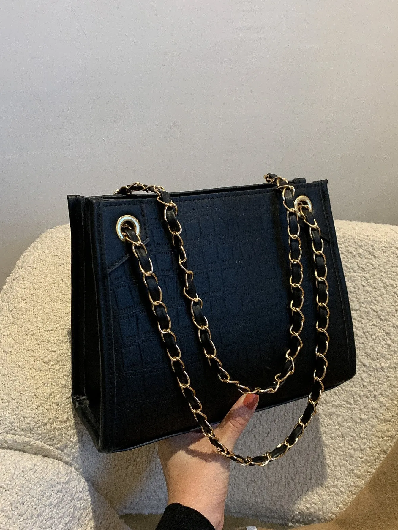 Crocodile Embossed Chain Square Bag - Black
