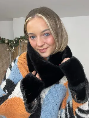 Faux Fur Gloves & Snood Set - Black