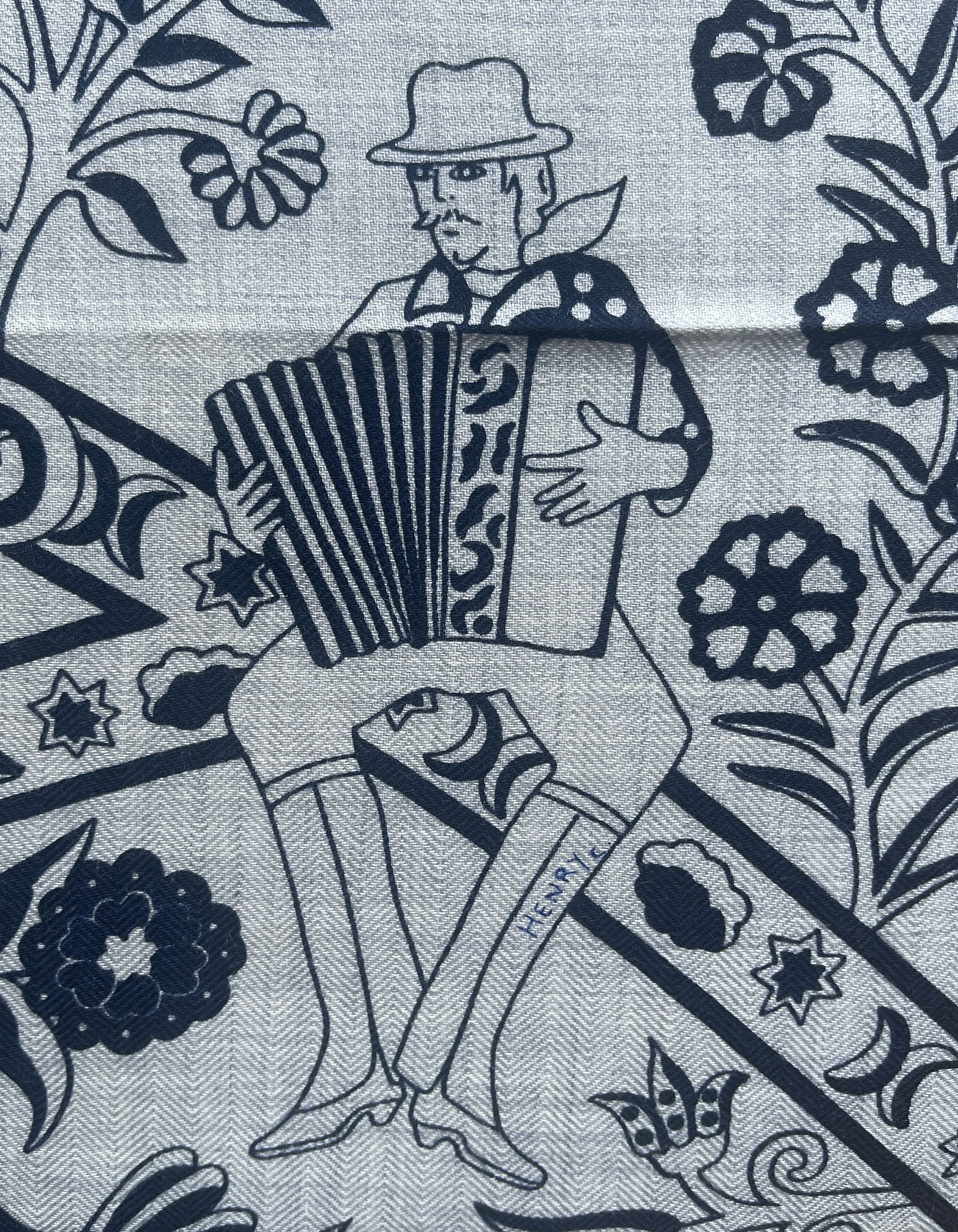 Hermes Gris Chine Marine Silk Cashmere Peuple Du Vent 140 Shawl
