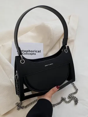 Letter Graphic Chain Baguette Bag Fashion Black - Black