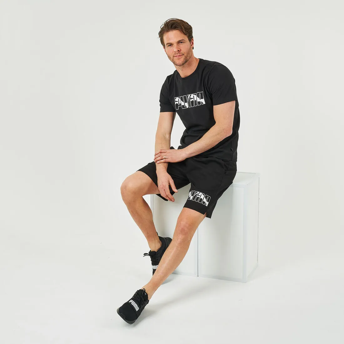 Men's Straight-Leg Cotton Fitness Shorts With Pocket - Black