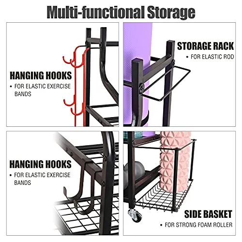 Mythinglogic Yoga Mat Storage Racks,Home Gym Storage Rack for Dumbbells Kettlebells Foam Roller, Yoga Strap and Resistance Bands, Workout Equipment Storage Organizer With Hooks and Wheels