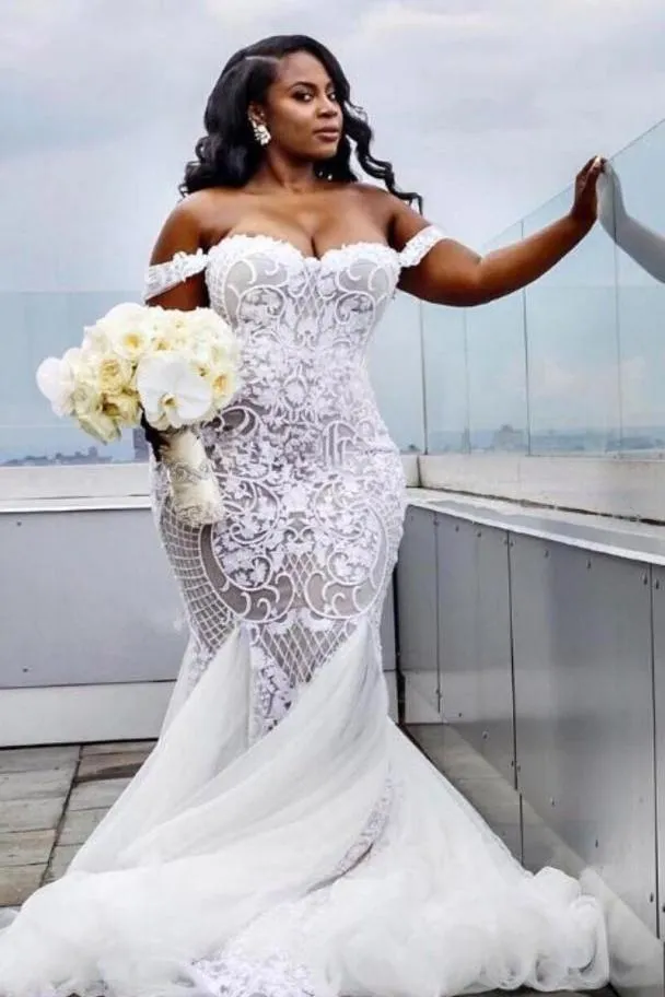 Off the shoulder Lace Mermaid Plus Size Wedding Dresses