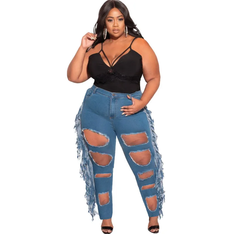 Pencil Jeans Plus Size Women's Mid Waist Ripped Fringed Jeans