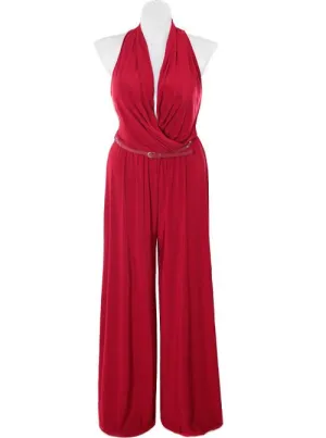 Plus Size Designer Drape Neck Red Jumpsuit
