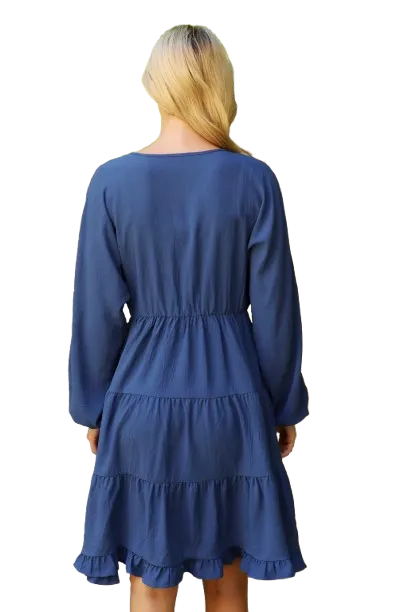 Plus Size Woven Puff Sleeve V Neck Elastic Waist Tiered Dress Vintage Navy - Pack of 6