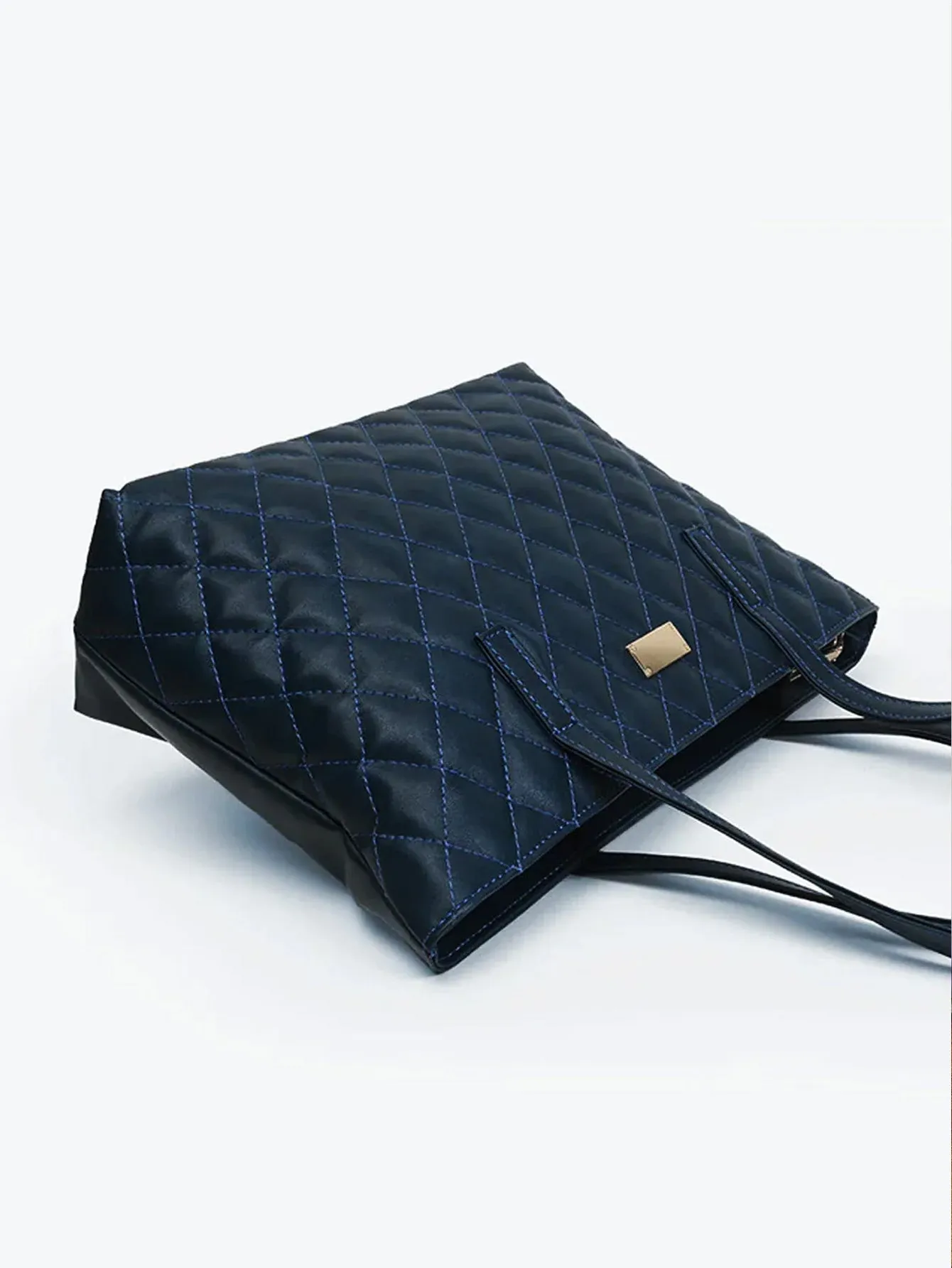 Quilted Pattern Shoulder Tote Bag - Navy Blue - FD ⚡