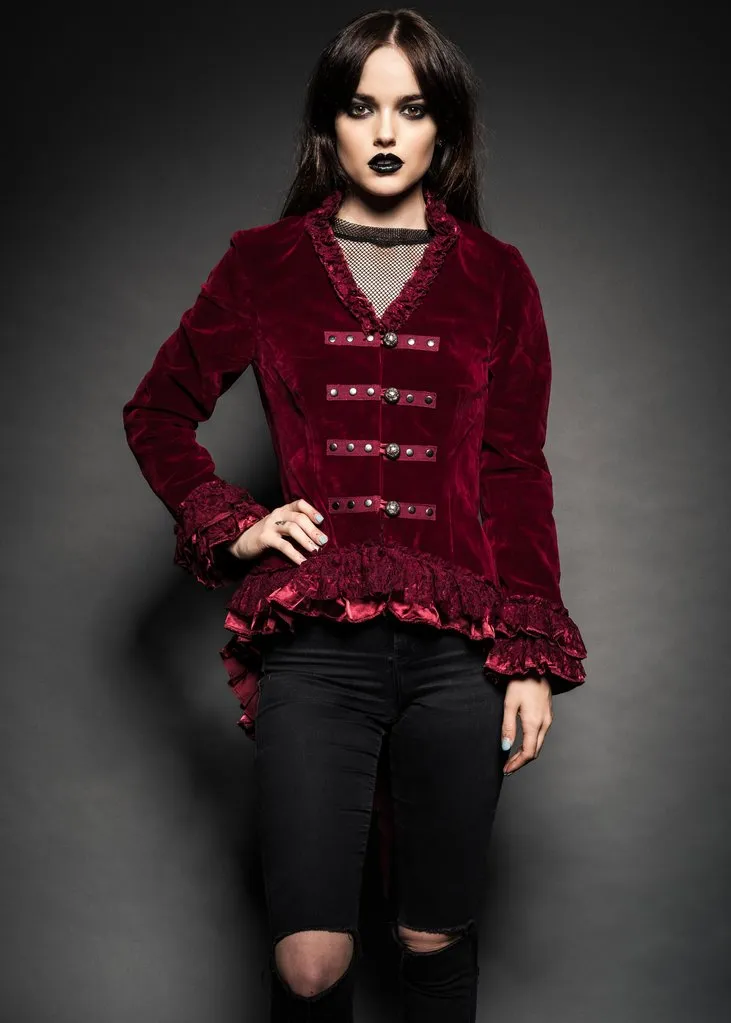 Red Velvet Steampunk Jacket Gothic Tail Coat